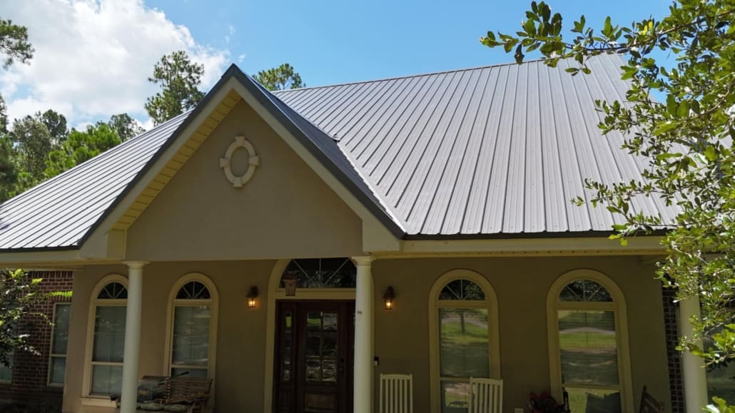 Front View of Elevation Home with New Charcoal Metal Roof