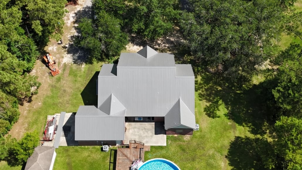 Overhead Drone View Showcasing Entire Charcoal Metal Roof